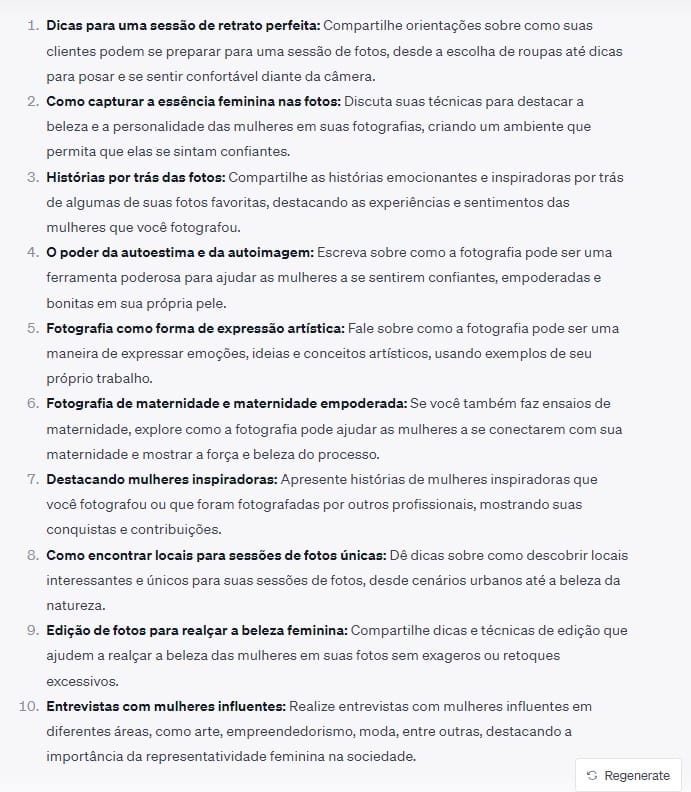 10 ideias que a IA do ChatGPT sugeriu para a criação de novos conteúdos para blog