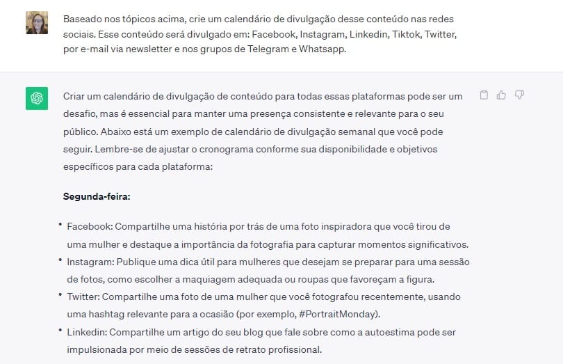 Prompt para pedir para a IA te ajudar a criar um calendário de divulgação nas redes sociais do que você posta no seu site de fotografia