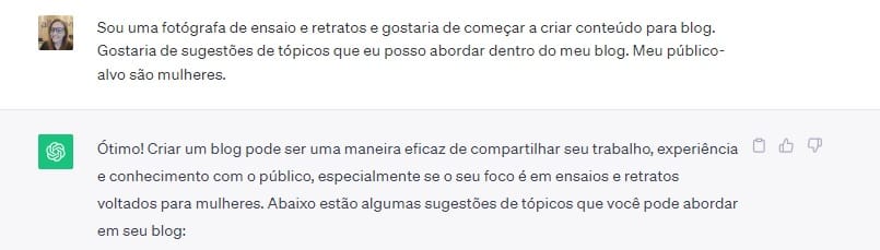 Prompt para pedir que a IA do Chat GPT sugeriu para a criação de novos conteúdos para blog