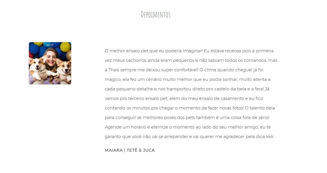 Depoimento em site de Fotografia Pet