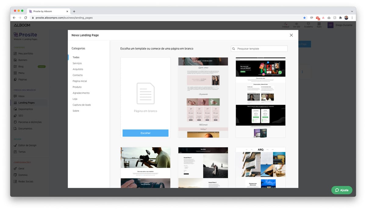 Templates de Landing Pages disponíveis no Prosite